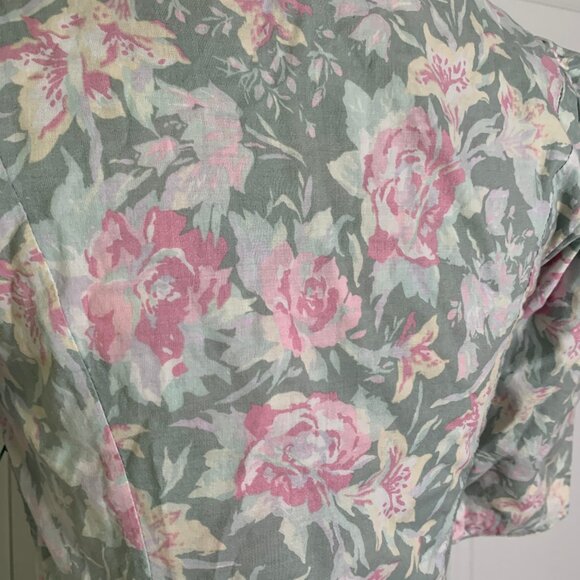 Vintage sage and pink floral Laura Ashley ss dress with piped bodice, US 10 - Picture 5 of 15